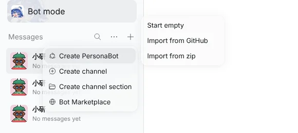 The Create Bot submenu: Start empty, Import from GitHub, Import from zip