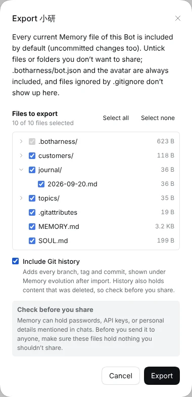 The export window: choose files and tick Include Git history