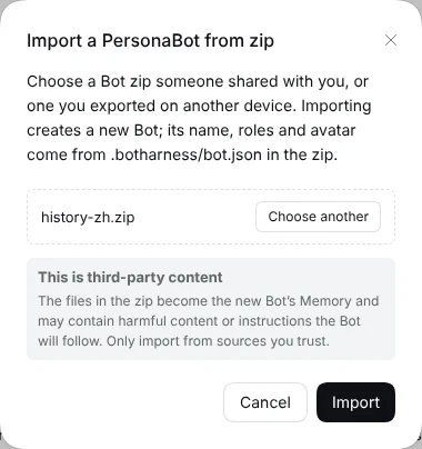 Import from zip: choose the file, then click Import