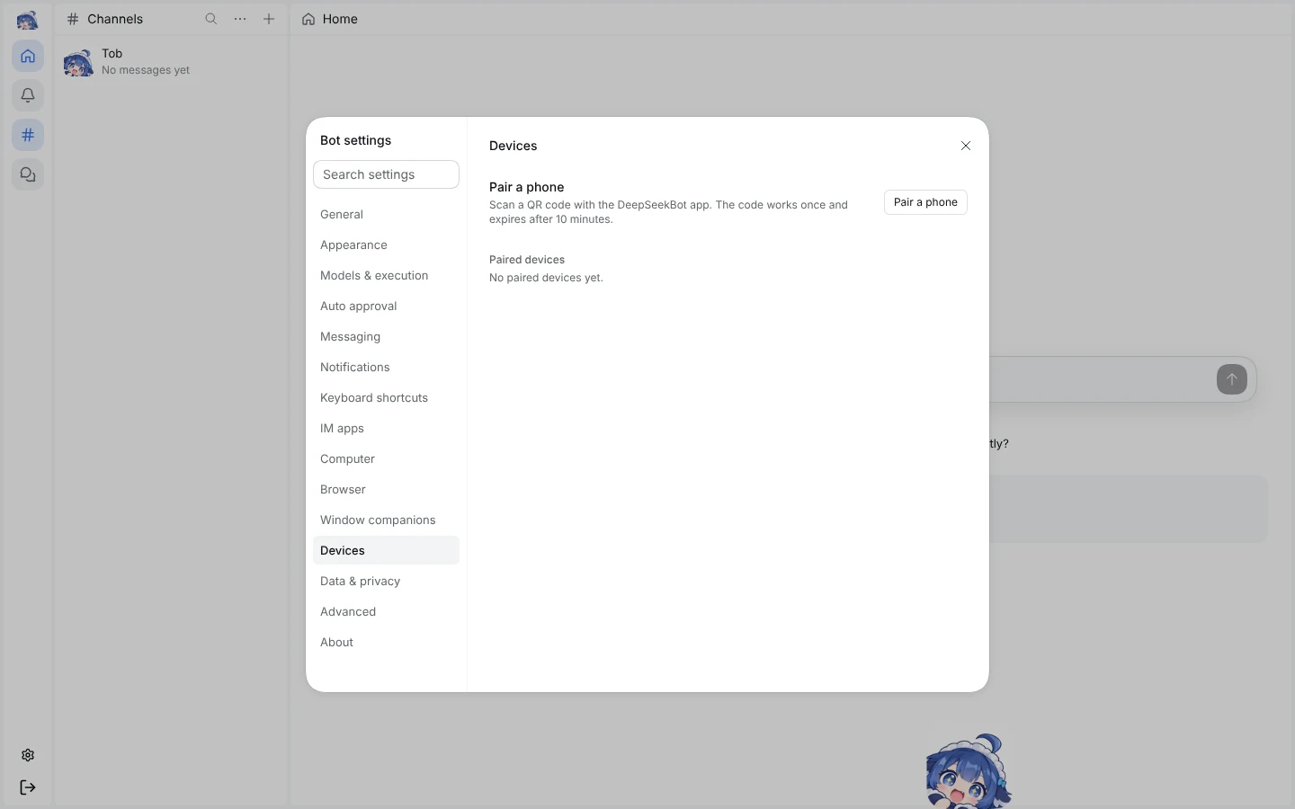 The Devices page in Bot settings with Tailscale ready