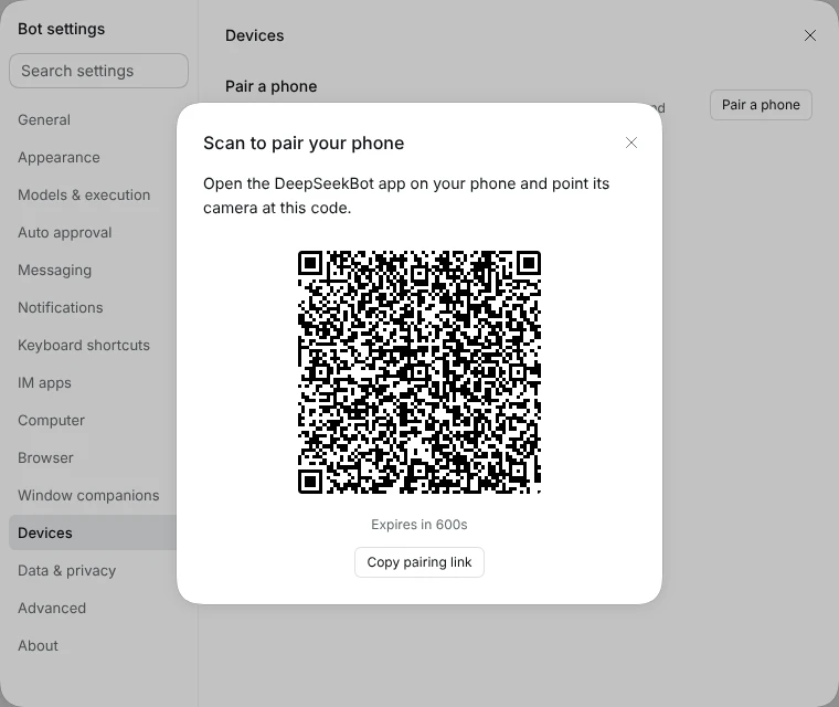 The pairing dialog with the QR code and Copy pairing link