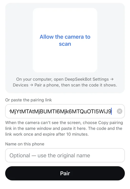 A pasted pairing link, ready to pair