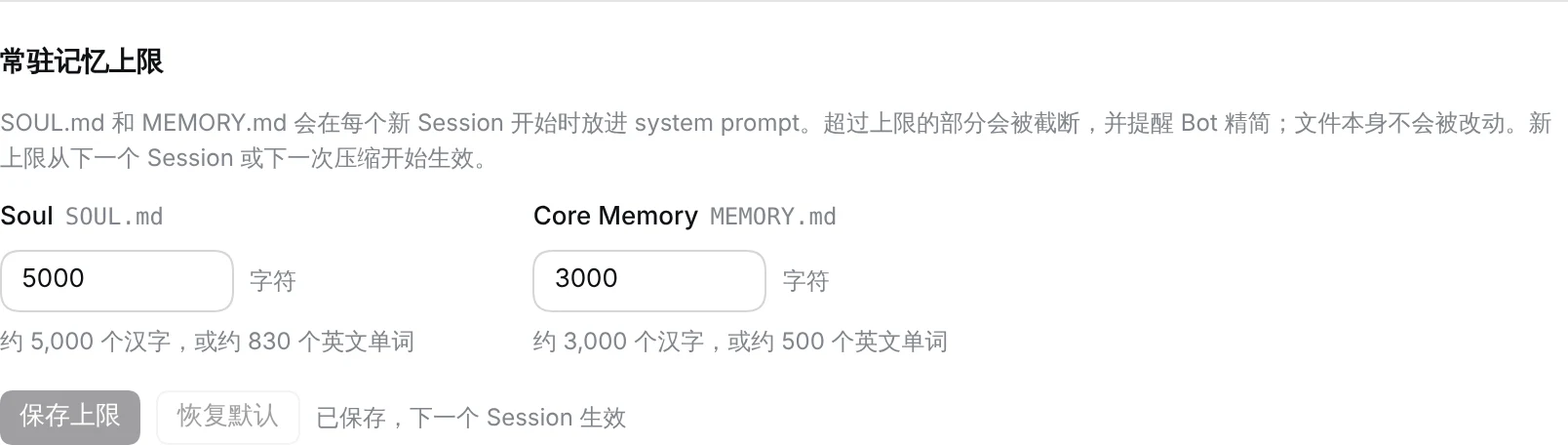 Bot 详情里的常驻记忆上限